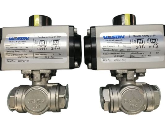 1" DN25 Stainless Steel T-Port Air Actuated Ball Valve with 1000 PSI Pressure Rating